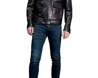 Chaqueta de motociclista de piel auténtica con estampado de cocodrilo para hombre - Estampado de cocodrilo negro