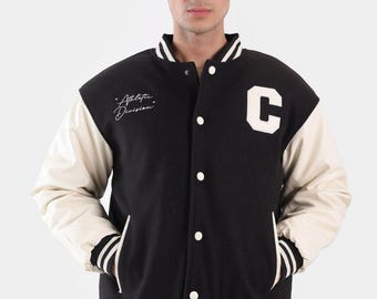 Black Varsity Jacket with Contrast Sleeves, Striped Rib Trims & Letter Patch