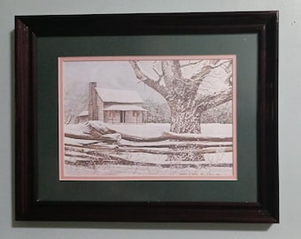 Lámina artística vintage de Larry Dodson "Invierno en Ellijay" enmarcada, firmada y con paspartú.