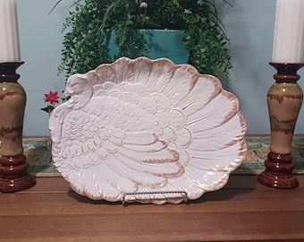 Vintage Grace Mitchell White Ceramic Turkey Platter, Embossed Thanksgiving Serving Dish (17x13)