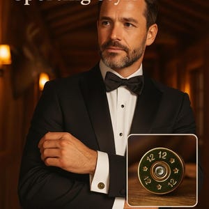 May include: An advertisement featuring a man in a black tuxedo with a bow tie. The text "Show Your Sporting Style" is at the top. A close-up of a shotgun shell is in the lower right corner. The words "Shop Now" are at the bottom.