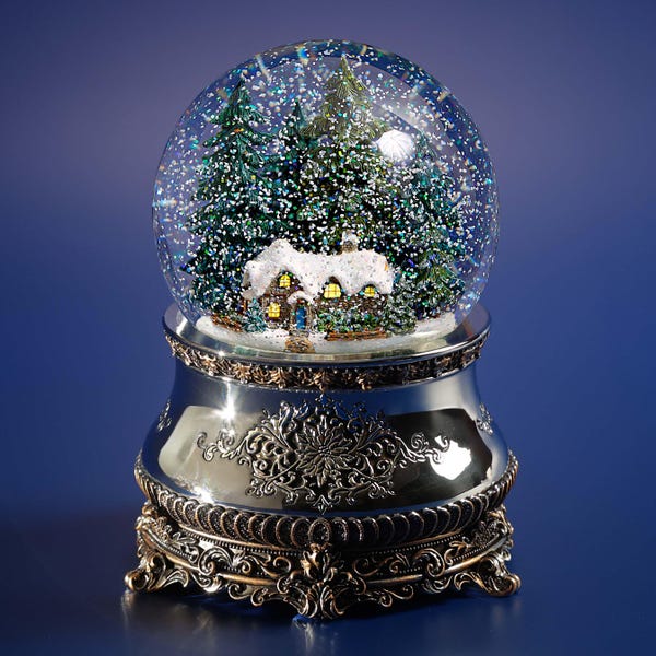 Musical Christmas Snow Globe "Hunting Lodge", Glass, with Lights and Automatic Snowstorm