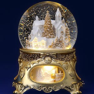 Luxury Snow Globe “Golden Christmas Tale”, Musical, Automatic Snowstorm, Illuminations, Carousel with The Little Steam Train.