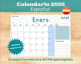 2026 Spanish Printable Calendar - A4/A5 PDF Download – Monthly Planner – Wall Calendar
