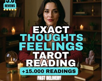 May include: A woman in a red jacket sits at a wooden table with candles and a crystal ball. Text on the image reads "EXACT THOUGHTS FEELINGS TAROT READING +15.000 READINGS FAST DELIVERY" and "5.0 REVIEWS".