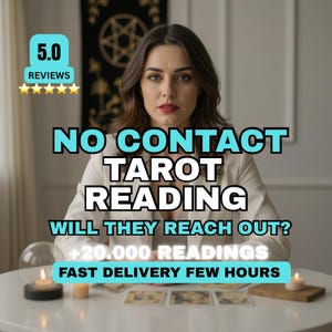 Op de afbeelding: Een vrouw in een witte blazer zit aan een tafel met tarotkaarten en kaarsen. De afbeelding bevat de tekst "NO CONTACT TAROT READING" en "WILL THEY REACH OUT?" met een beoordeling van 5,0.