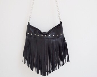 Black Leather Fringe Bag, Black Leather Fringe Purse, Fringe Cross Body Purse, Black Cross Body, Borse, Bourse, Cuir, Bolso Cuero, Tasche
