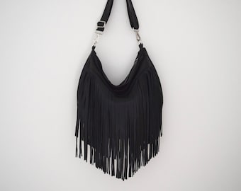 Black Leather Fringe Crossbody Shoulder Bag Purse