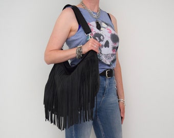 Black Leather Fringe Crossbody Shoulder Bag Purse