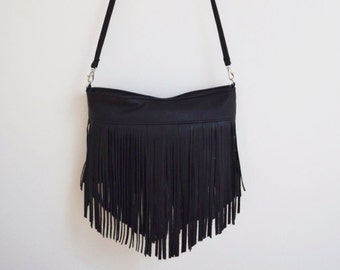 Black Leather Crossbody Fringe Bag purse