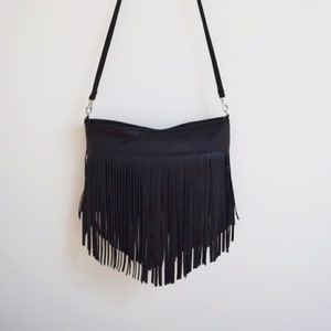 Black Leather Crossbody Fringe Bag purse