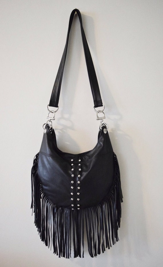 Items similar to Black Studded Leather Fringe Bag on Etsy