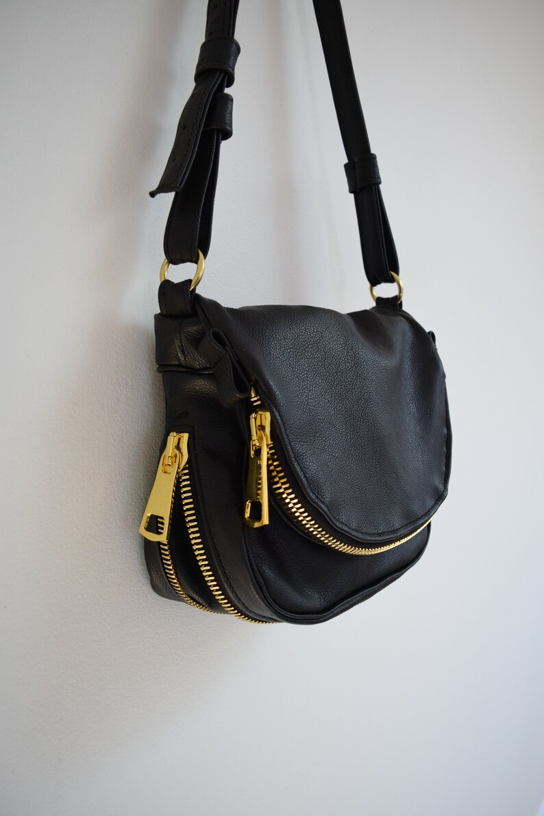 SMALL Black Leather Purse With Zippered Flap & Base gold Etsy