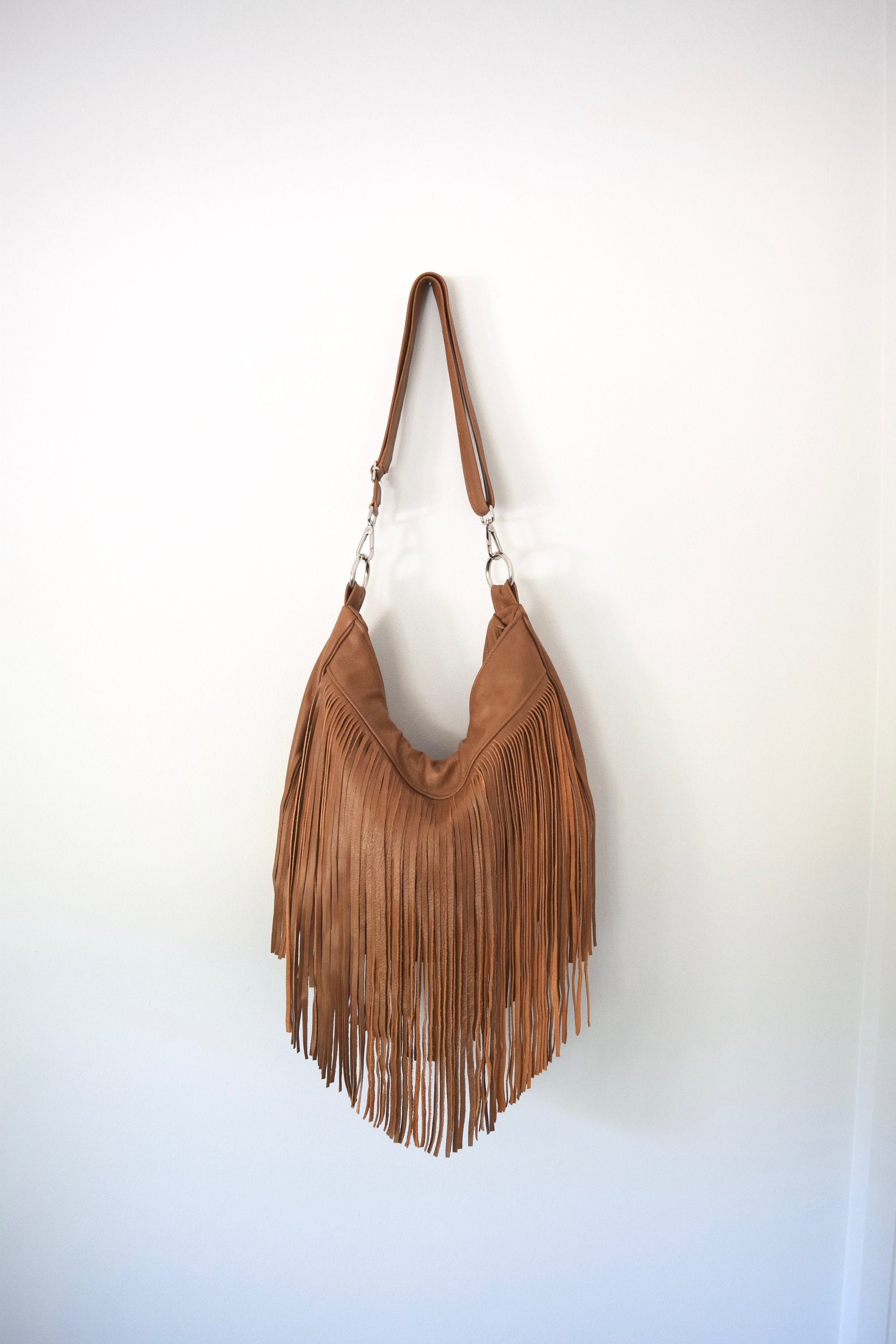 Camel Leather Fringe Crossbody Shoulder Bag Purse 