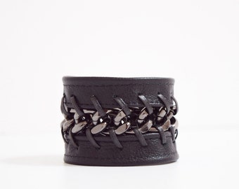 Black Leather Cuff Bracelet-Laced Gunmetal Chain, Black Chain Bracelet, Jewellery, Jewelry, Lace Cuff Bracelet, Gunmetal Bracelet, Lace Cuff
