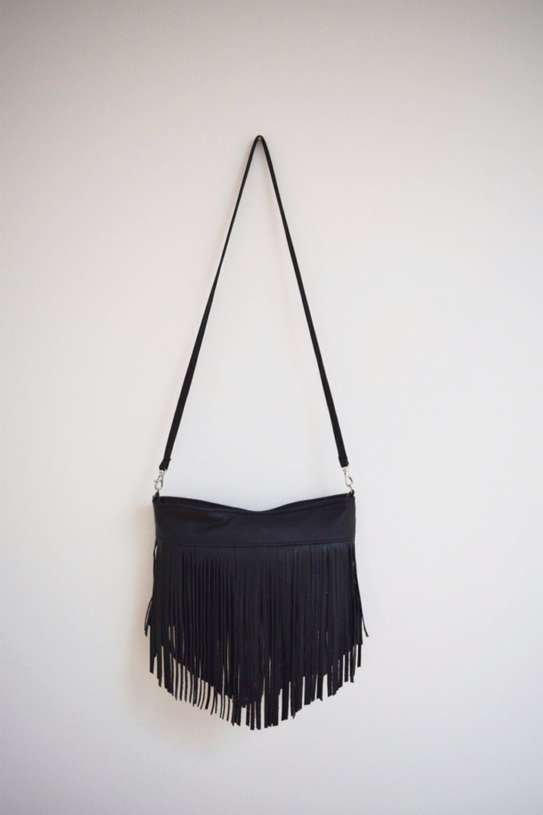 Megan - Tote with Boho Fringe, Braided Handle Black / Studs