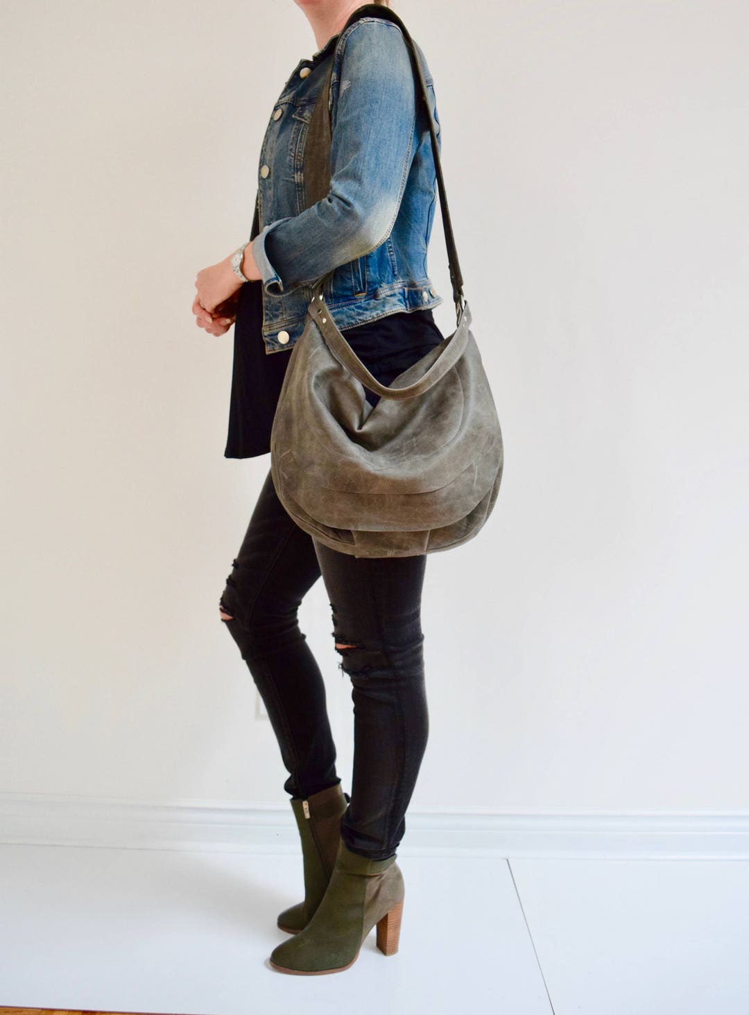 Grey Leather Messenger Bag Purse Etsy