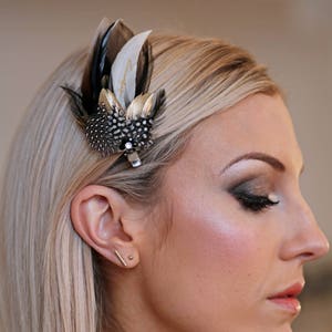 Black & gold feather hair clip with Swarovski crystals 'Molly' - made with British guinea fowl feathers