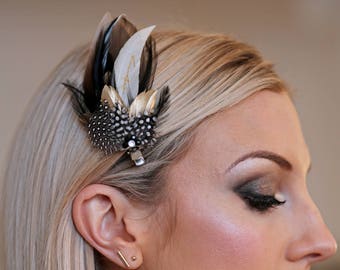 Black & gold feather hair clip with Swarovski crystals 'Molly' - made with British guinea fowl feathers