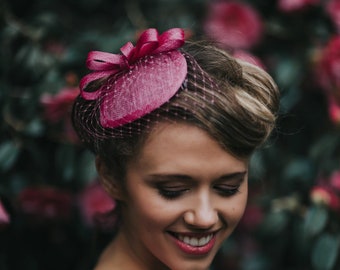 Fuchsia Pink vintage style cocktail hat with veiling 'Loretta'