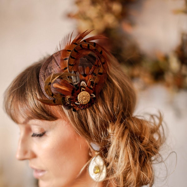 Pheasant Feather Cocktail Hat - hand made using natural British woodland feathers and a chocolate brown fascinator base