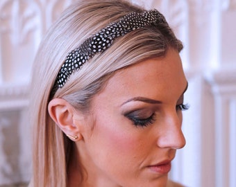 black & white spotty feather hair band - hand made using natural guinea fowl feathers