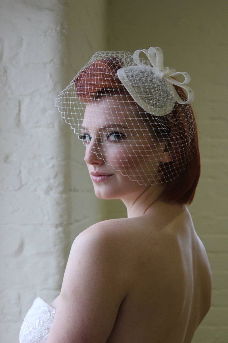 Ivory Bridal Bird Cage Veil Bow Fascinator. Cocktail Ht for Etsy UK