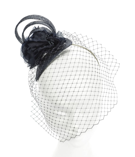 Flocked Veiled Cocktail Hat Silk Flower Feather Navy Wedding BELLINDA - Navy Wedding Hat with Vintage Birdcage Veil and  main image 4