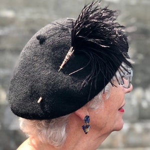 Black Beret With Optional Veil and Accessories With feather hat pin