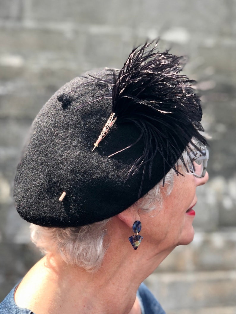 Black Beret With Optional Veil and Accessories With feather hat pin