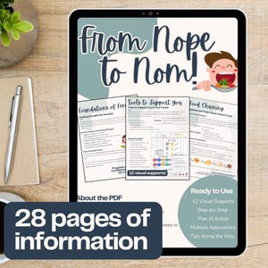 Może przedstawiać: Tablet cyfrowy wyświetla plik PDF zatytułowany "From Nope to Nom!" z 28 stronami informacji. Plik PDF zawiera sekcje dotyczące podstaw żywienia, narzędzi i łańcucha pokarmowego, z 12 pomocami wizualnymi i planem krok po kroku.