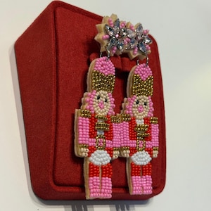 Nutcracker Earrings: Handmade Pink and Gold Beaded Holiday Jewelry