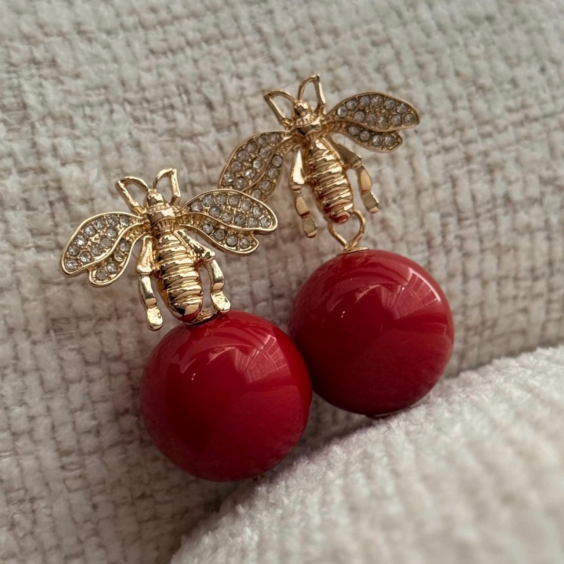 Red Drop Bee Earrings – Gold-tone & Crystal Detailed Dangle  display picture 1