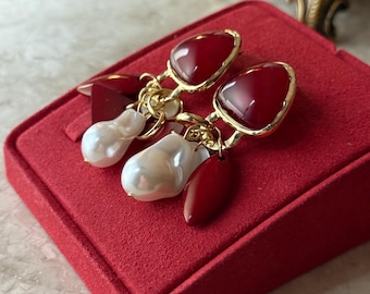 Statement Earrings: Red Crystal and Pearl Drop - Gold Tone