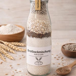 Brotbackmischung im Glas – Kern & Korn | personalisierbares Etikett | Saatenreiches Landbrot | Backmischung Geschenk | Handmade Brot