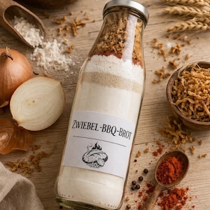 Könnte beinhalten: Eine Glasflasche gefüllt mit Zutaten für Zwiebel-BBQ-Brot, ein deutsches Zwiebelbrot. Die Flasche steht auf einer Holzoberfläche mit Zwiebeln, Mehl, Gewürzen und einem Holzlöffel. Das Etikett zeigt eine Brot- und Zwiebel-Illustration.