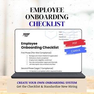Può includere: Un laptop mostra una checklist di onboarding dei dipendenti. La checklist include sezioni per la conformità pre-assunzione e la conformità legale. Lo schermo mostra anche "PDF" e "CANVA". Il laptop è su una superficie di legno.