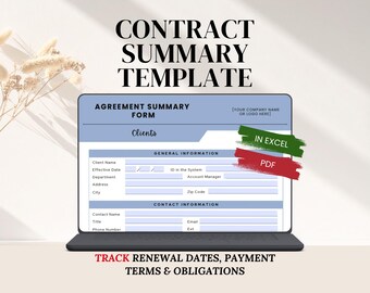 Contract Summary Template, Editable Vendor and Client Agreement (Fillable PDF & Excel)