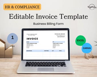 Editable Invoice Template – One Page, Small Business Billing Form, Canva & Excel