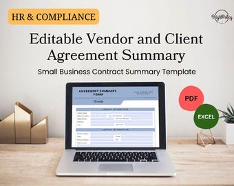 Contract Summary Template, Editable Vendor and Client Agreement (Fillable PDF & Excel)