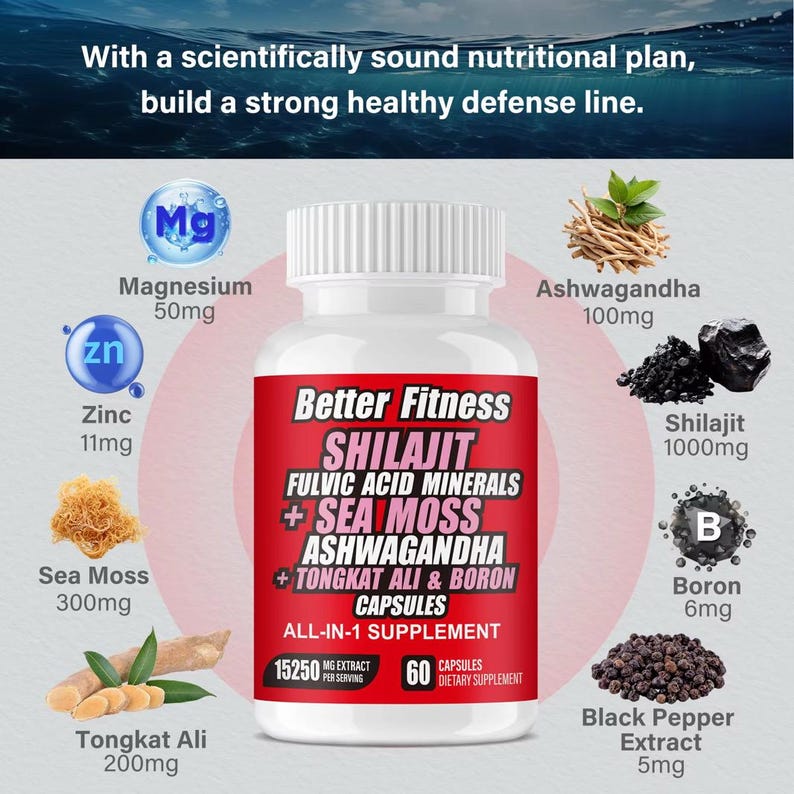 Cápsulas de Shilajit: Ashwagandha, Musgo Marino, Tongkat Ali, Boro - 60 Cápsulas Veganas imagen 2
