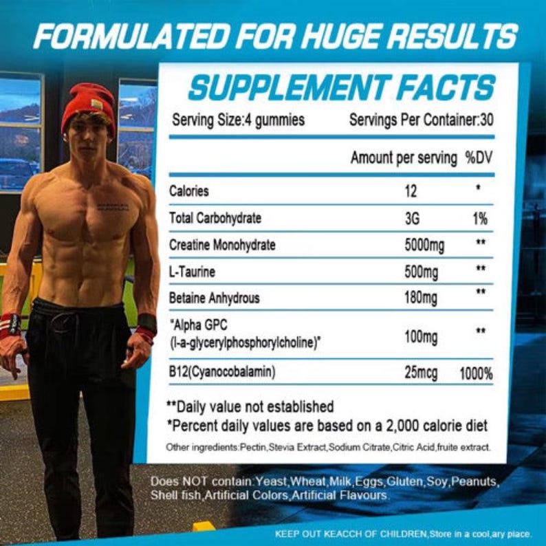 Creatine Monohydrate Gummies 5g – Vegan, Blueberry Flavor, Muscle & Workout Recovery Support image 8