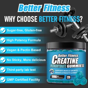 Creatine Monohydrate Gummies 5g – Vegan, Blueberry Flavor, Muscle & Workout Recovery Support image 5