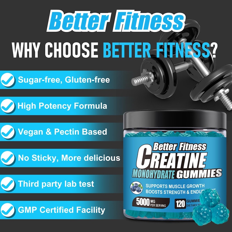 Creatine Monohydrate Gummies 5g – Vegan, Blueberry Flavor, Muscle & Workout Recovery Support image 5