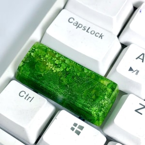 May include: A rectangular, green resin keyboard keycap with a textured, organic pattern. The keycap is surrounded by white keyboard keys, including the CapsLock and Ctrl keys. The keycap has a vibrant, translucent appearance.