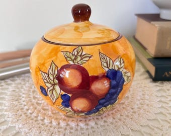 Hand-Painted Orange Ceramic Sugar Bowl with Lid with Fruit Motif