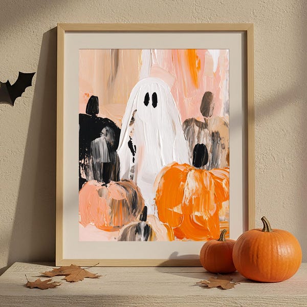 Pumpkin Patch Ghost, Cute Ghost Print, Oil Painting, Halloween Abstract Art, Dopamine Decor, Pink Pumpkin Wall Art - Digital Art Download