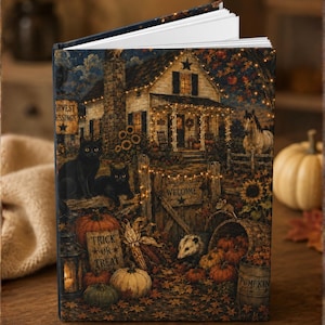 Pode incluir: Um livro de capa dura com uma ilustração outonal escura de uma casa iluminada, dois gatos pretos, um cavalo, abóboras e um gambá. O texto na capa diz Harvest Blessings, Welcome, Trick or Treat e Pumpkin.