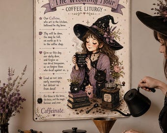 Letrero metálico de la Liturgia del Café de la Hora de las Brujas, Arte gótico de brujas para la cocina, Decoración oscura estilo cottagecore