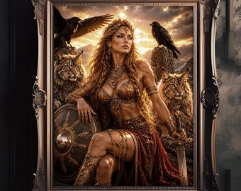 Lámina de la diosa guerrera Freya, arte mural de mitología nórdica, decoración pagana fantástica